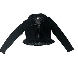 Girls Black Zip Up Crop Jacket W/ruffle Bottom